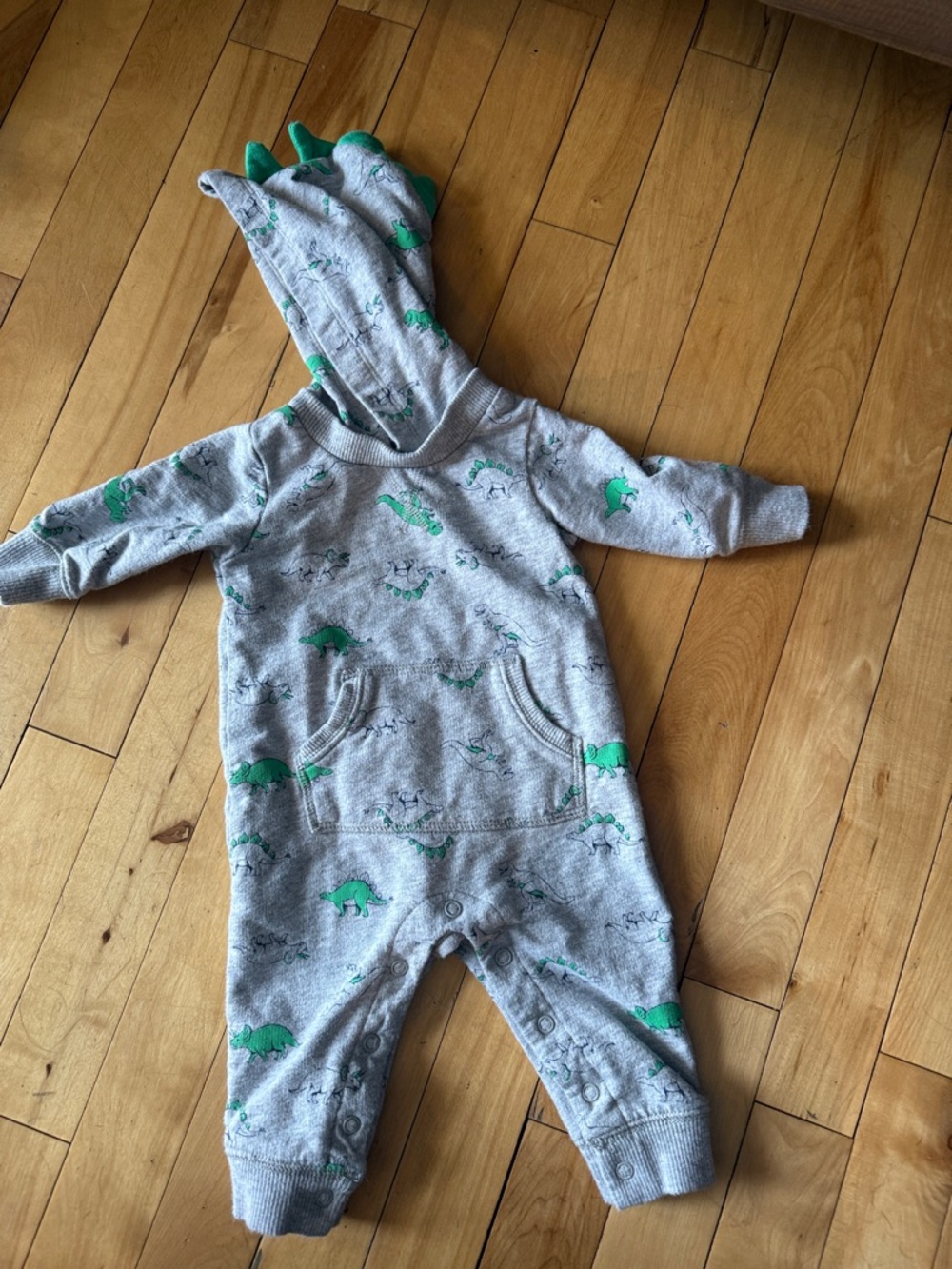 Carter's Gray One-Piece Footie with Green Dinosaur Hood
